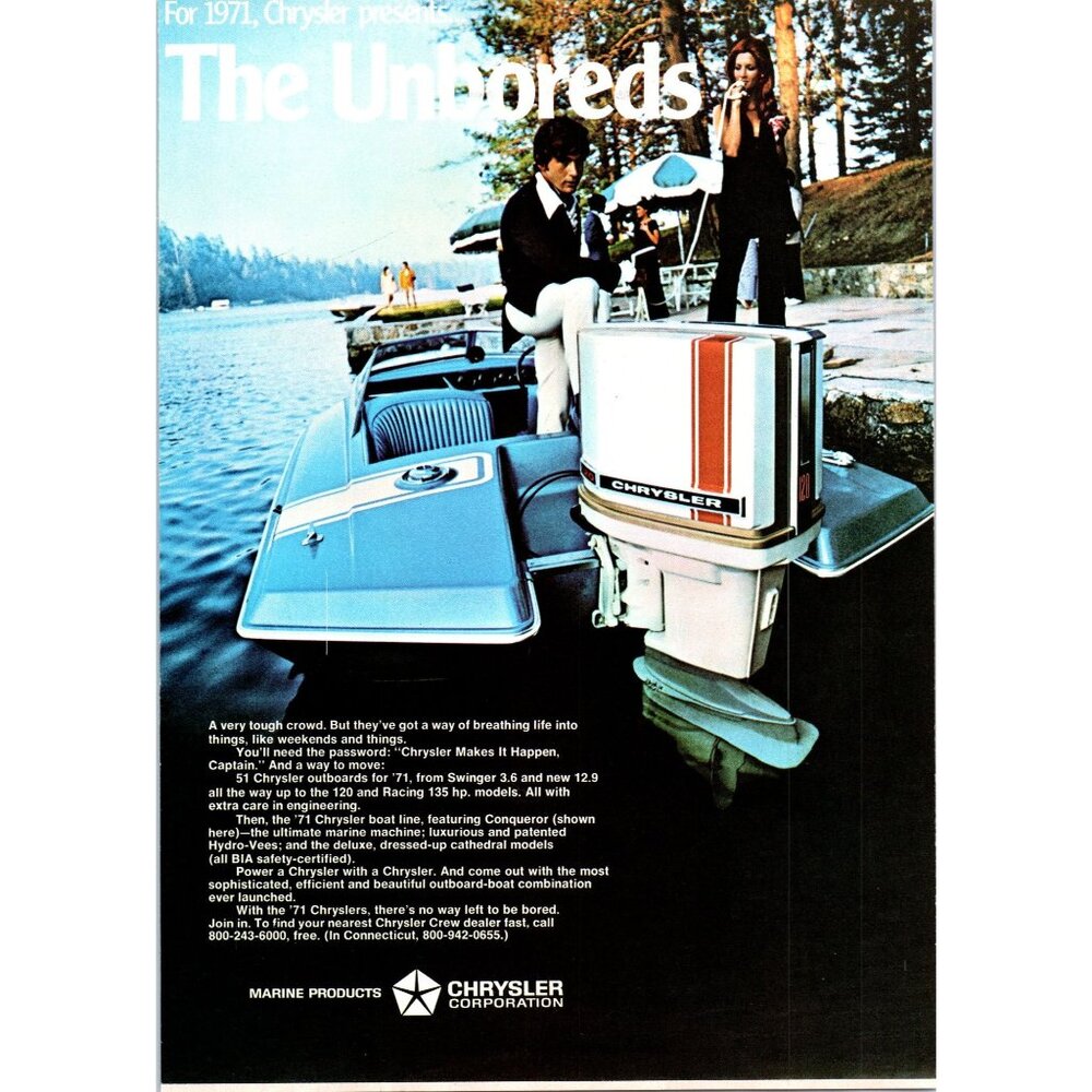 1971 Chrysler Marine 120hp Outboard Motor Vintage Print Ad 70s Fashion Wall Art